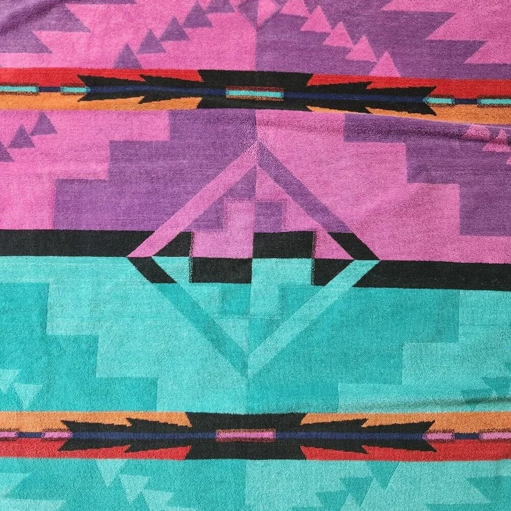 Vintage 80’s Royal Terry Beach Bath Towel Southwest Tribal Turquoise Teal
